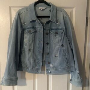 Women’s Lane Bryant Distressed Stretch Denim Sequin Stars Embroidered Jacket‎ 18